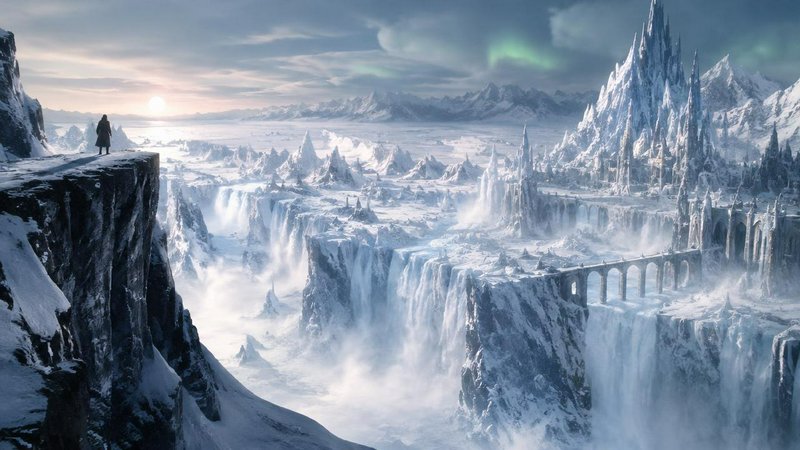 Lone hooded figure on a snowy cliff overlooks a sprawling frozen ice kingdom and tiered glacial w...