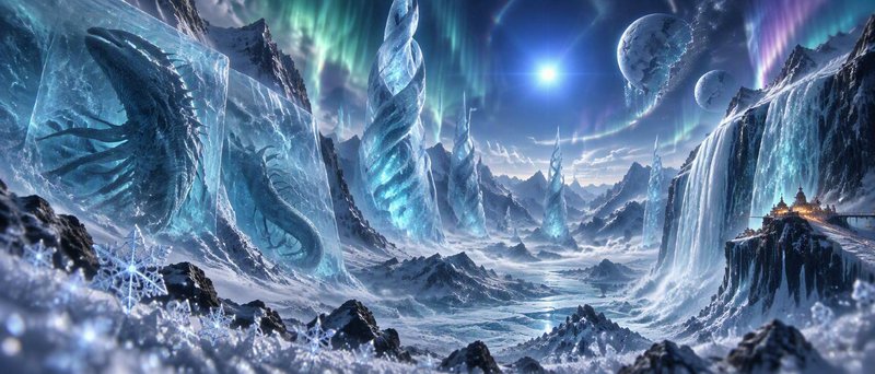 Giant frozen dragons encased in glowing ice cliffs span an otherworldly aurora-lit arctic fantasy...