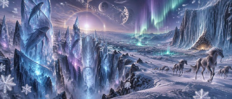 Surreal frozen alien fantasy landscape with glowing ice spires, aurora, cosmic sky, and frost hor...