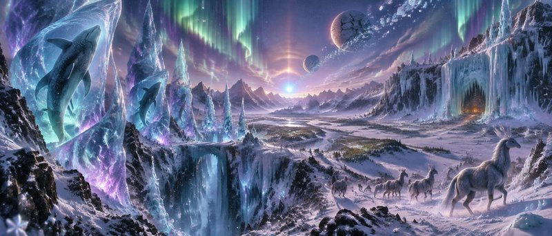 Surreal frozen fantasy arctic landscape with aurora, ice-trapped whales, alien skies and mythic h...