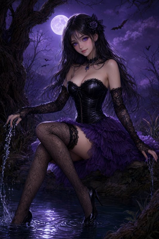 Gothic anime woman in a corset dress sits at a swamp edge under a glowing purple full moon