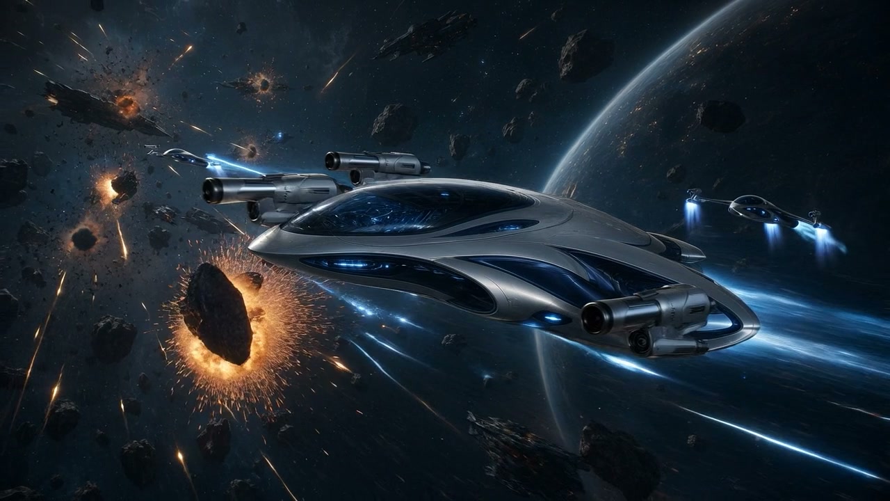 Futuristic silver starship in a high-speed space battle amid exploding asteroids.