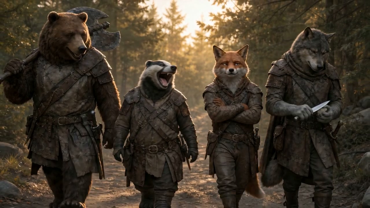 Four armored anthropomorphic animals – bear, badger, fox, and wolf – walk cloaked in armor throug...