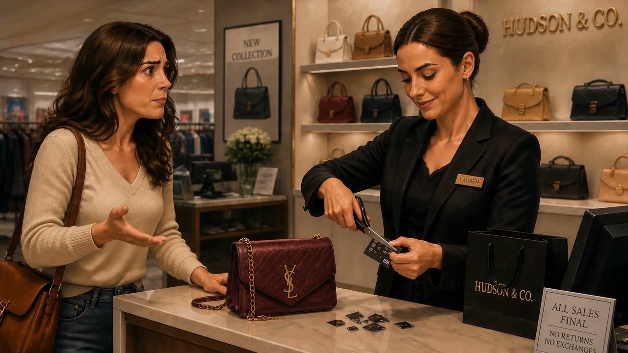 Woman customer at a luxury boutique counter while a sales associate counts tags for a burgundy YS...
