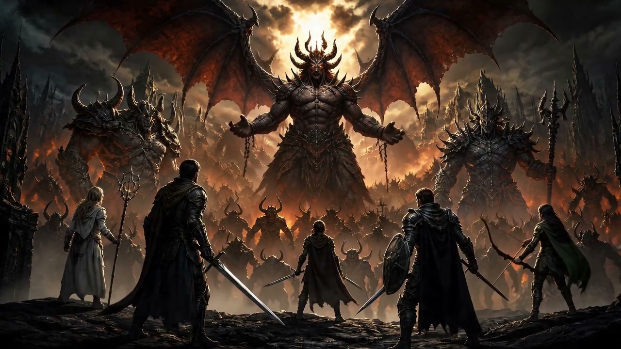 Giant demon lord with wings confronts armored heroes in a fiery, dark fantasy battlefield.