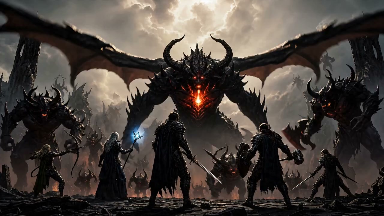 Massive dark dragon demon with glowing red core confronts armored heroes in a ruined battlefield.