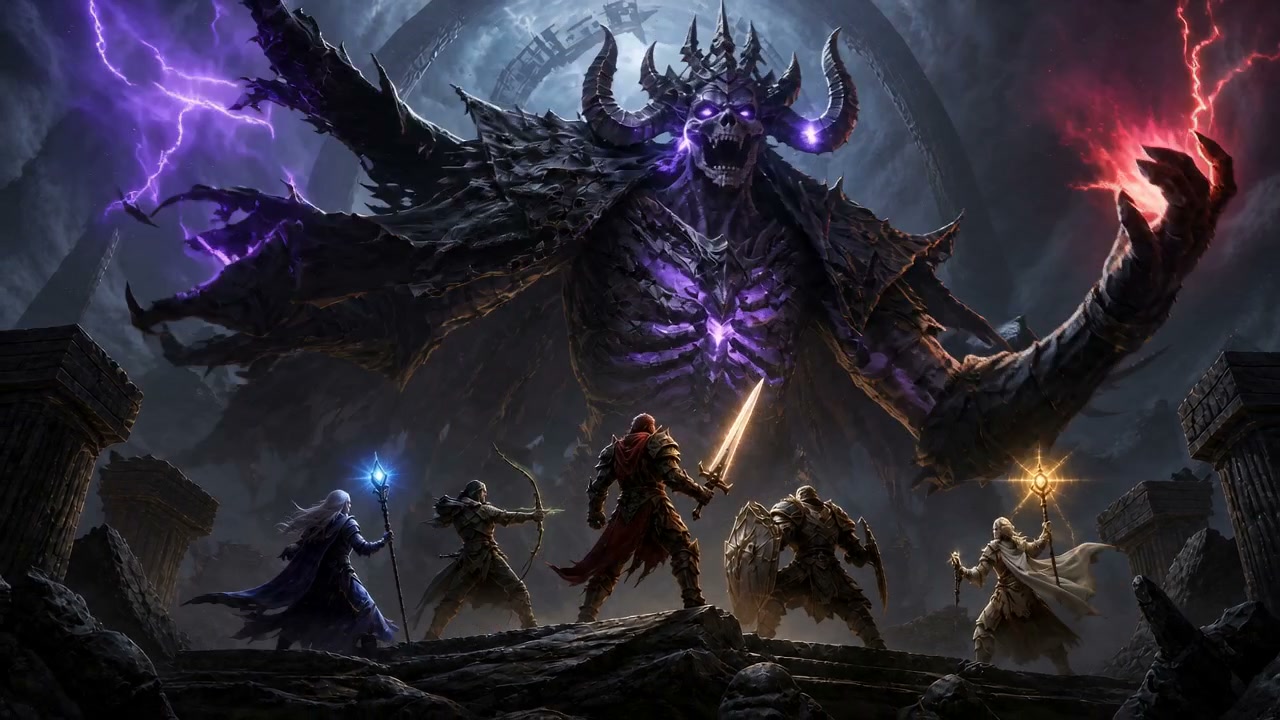 Dark horned demon towers over five armored heroes in a dramatic, magical battle.