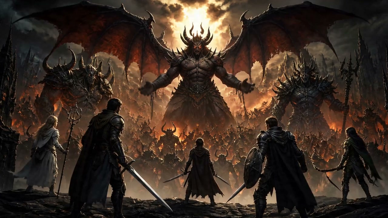 Dark fantasy battle scene with a towering winged demon lord facing armored heroes.