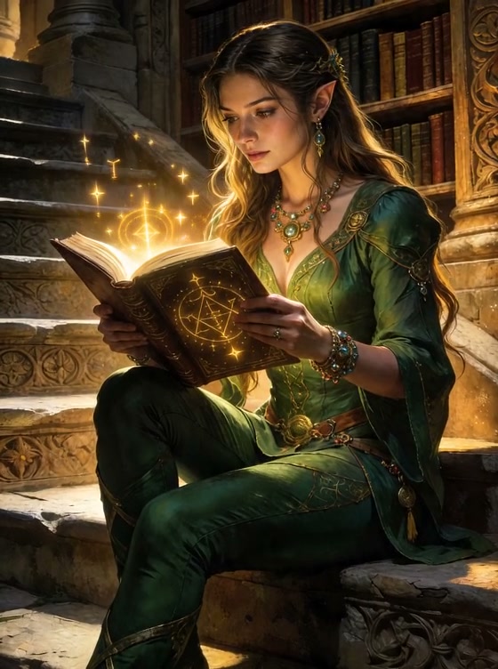 Elf-like woman in emerald green armor reads a glowing magical book on a stone staircase.
