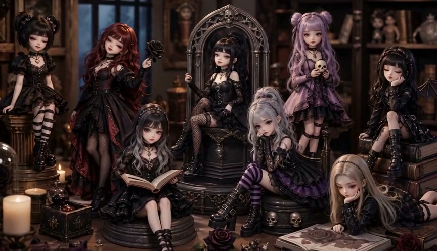 Group of gothic lolita dolls in a dark Victorian study with candles and skull accents.