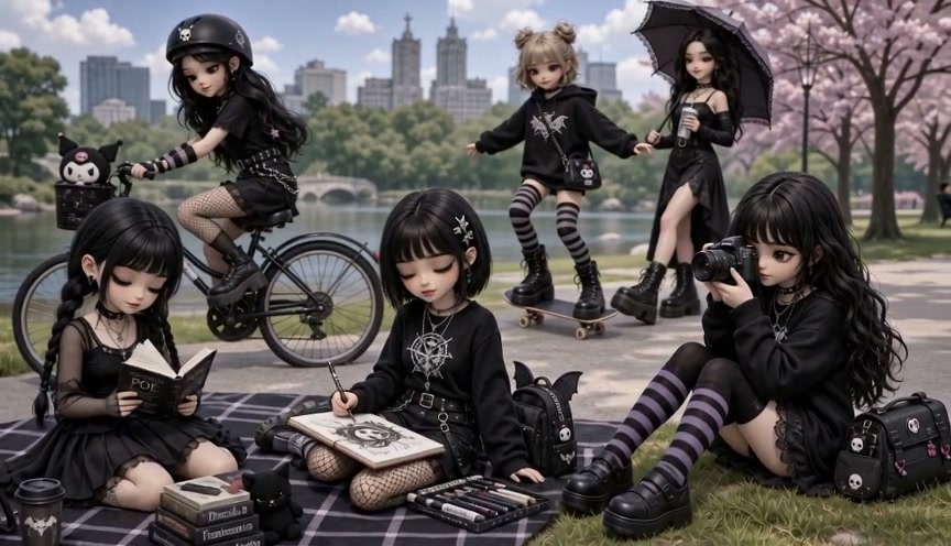 Group of gothic dolls in black outfits in a park with bikes, skateboard, and cherry blossoms.