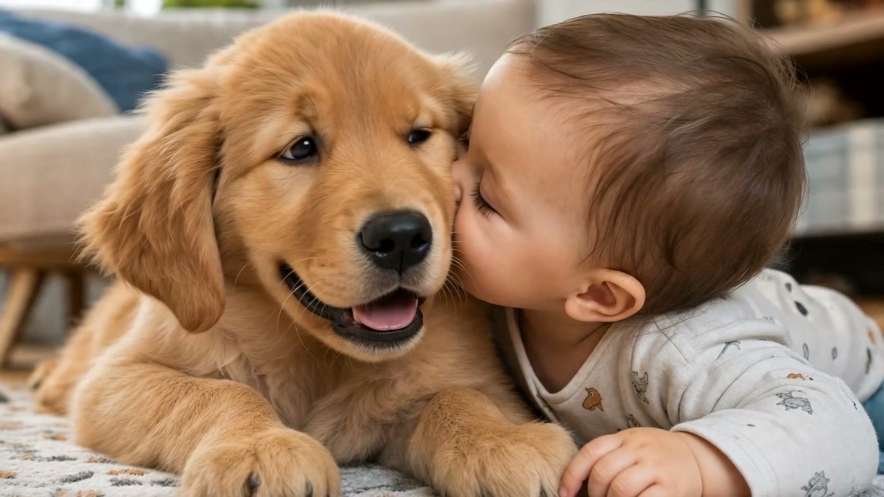 Cheerful golden retriever puppy cuddled with a baby, both resting on a rug.