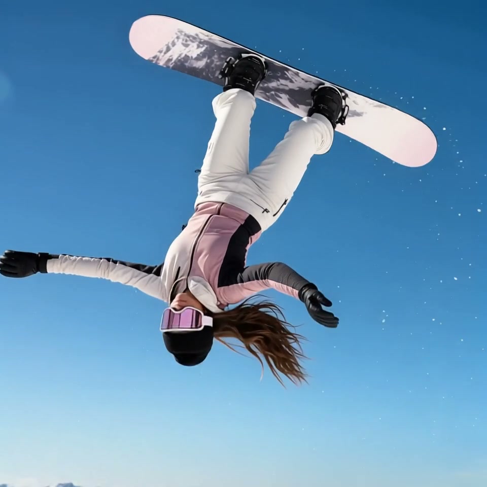 Snowboarder performing a high aerial flip against a clear blue sky, wearing pink and white gear.