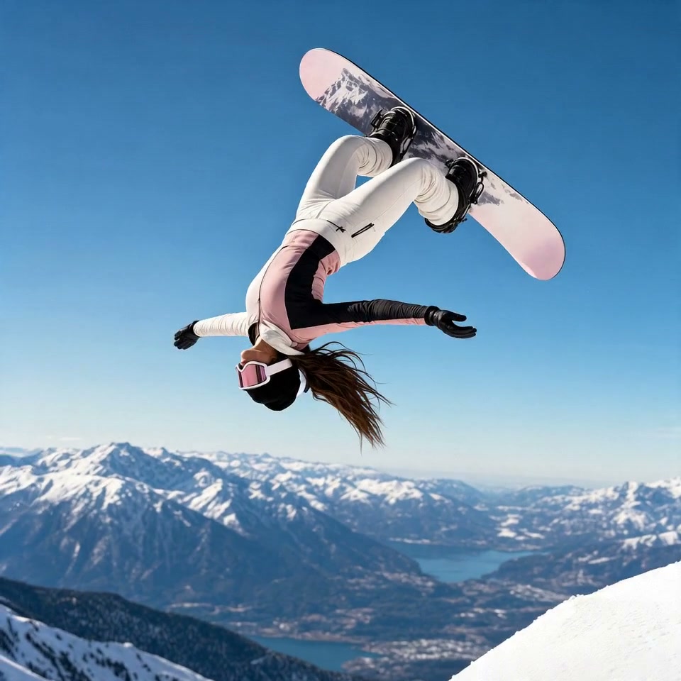 Snowboarder performing a high backflip above snowy mountains under a clear blue sky.