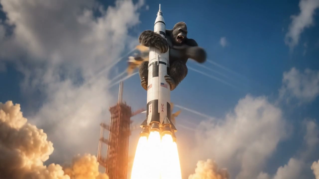 Gorilla clings to a launching rocket as flames burst from the engines against a blue sky.