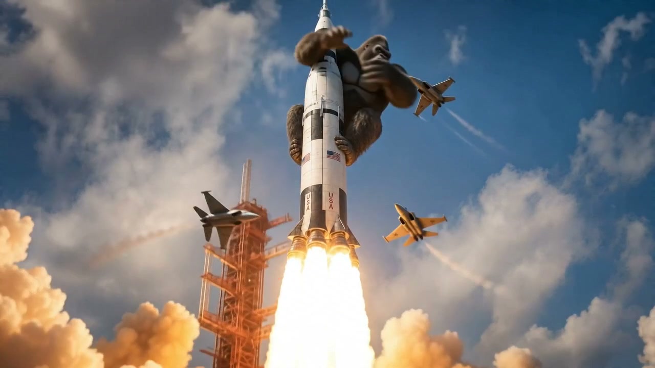 A giant gorilla clings to a soaring rocket on a bright day, flames erupting from the engines.