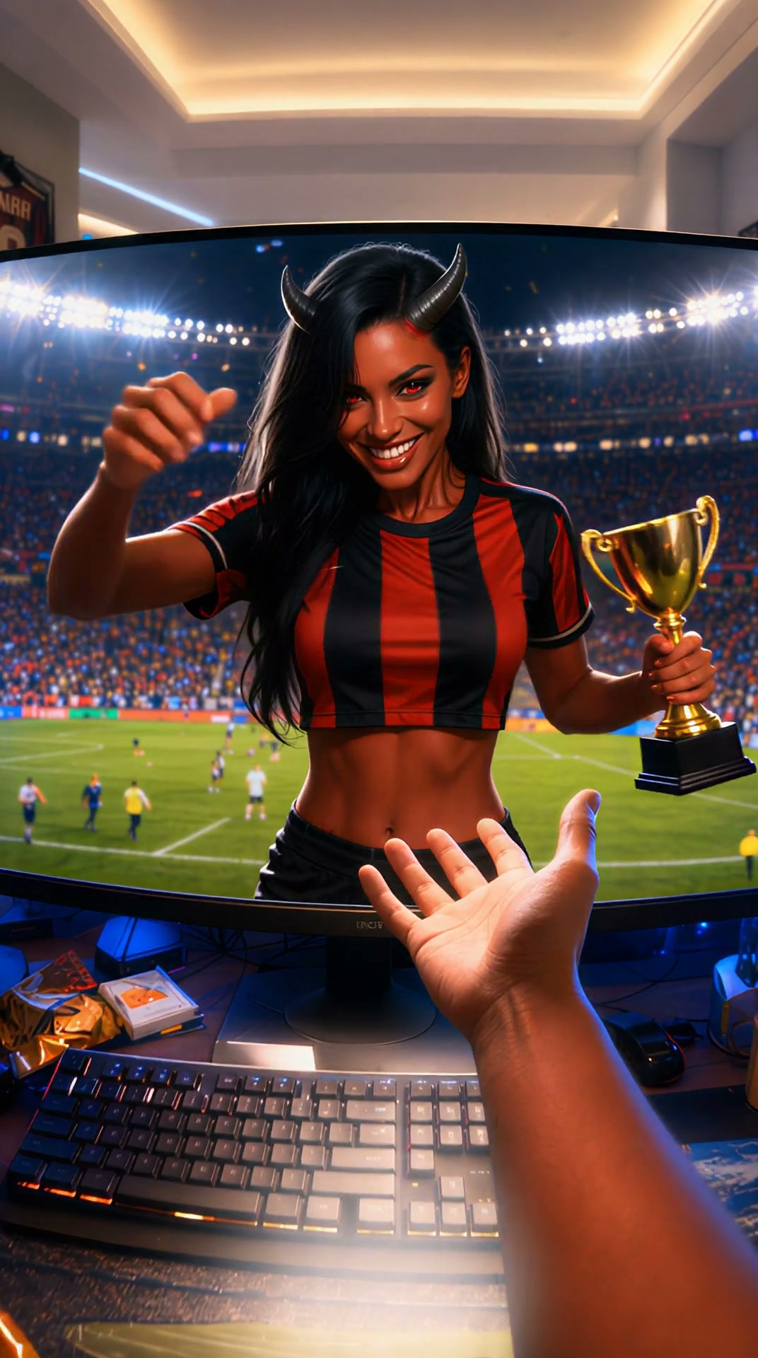 First-person view reaching for a horned demon girl soccer champion with a trophy on a curved gami...