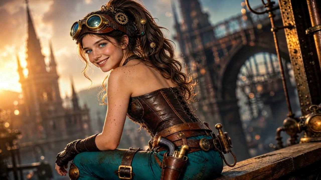 Smiling young woman in steampunk cosplay with brass goggles and leather corset, perched overlooki...
