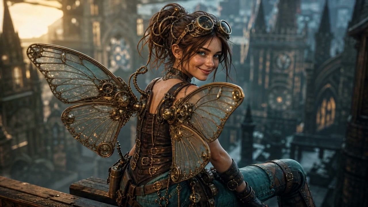Smiling steampunk fairy with brass mechanical wings and goggles, perched on a rooftop overlooking...