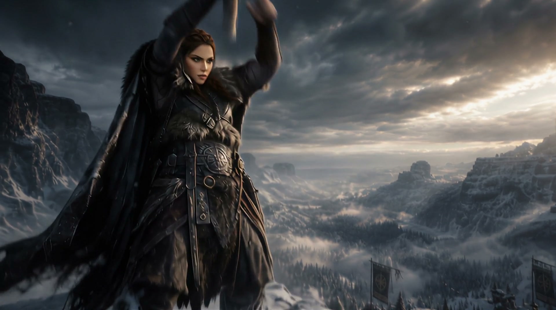 Fierce female Viking shieldmaiden raises her weapon atop a snowy mountain, overlooking a misty No...