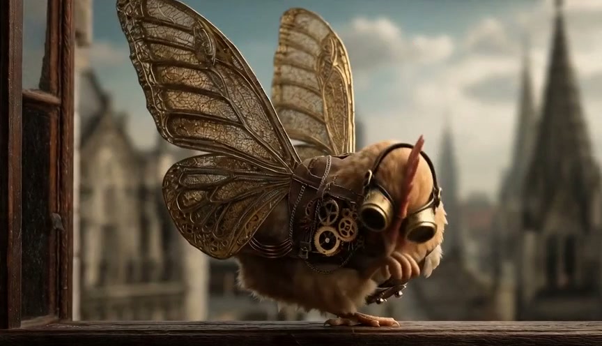 Steampunk mechanical baby chick with brass goggles
