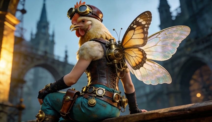 Anthropomorphic steampunk rooster-human hybrid with mechanical butterfly wings, perched overlooki...