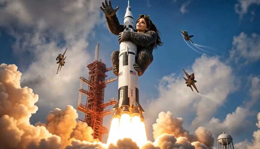 Surreal human-gorilla hybrid woman clings to a launching USA rocket, with escort fighter jets, li...