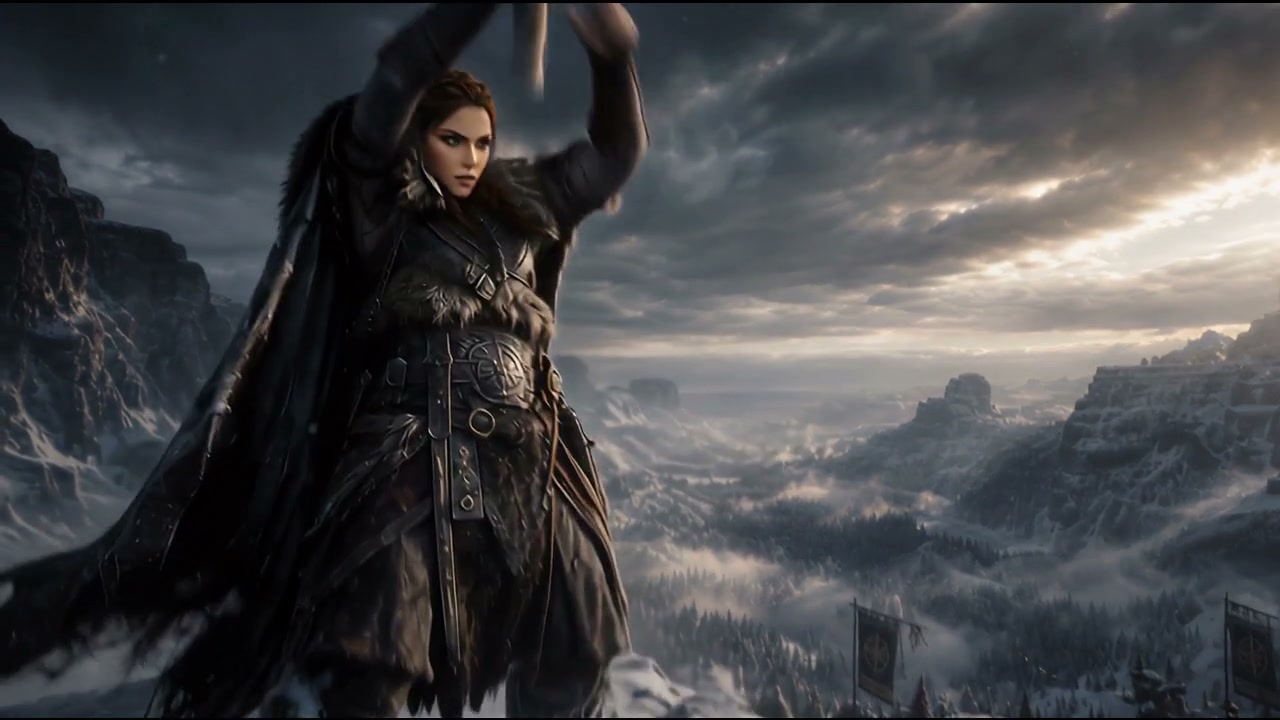 Female Viking warrior raises her weapon, overlooking a misty snow-covered mountain valley under d...