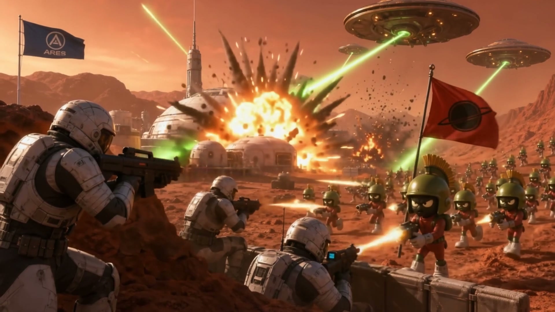 Cinematic Mars battle: ARES human space soldiers fight Marvin the Martian's alien army, UFOs fire...