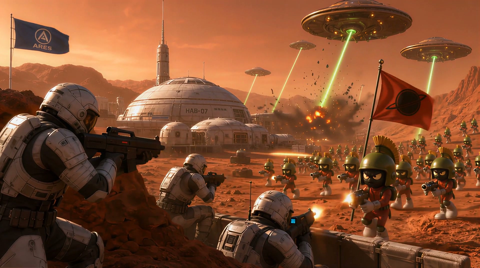 Astronauts defend a Mars colony base from an army of small