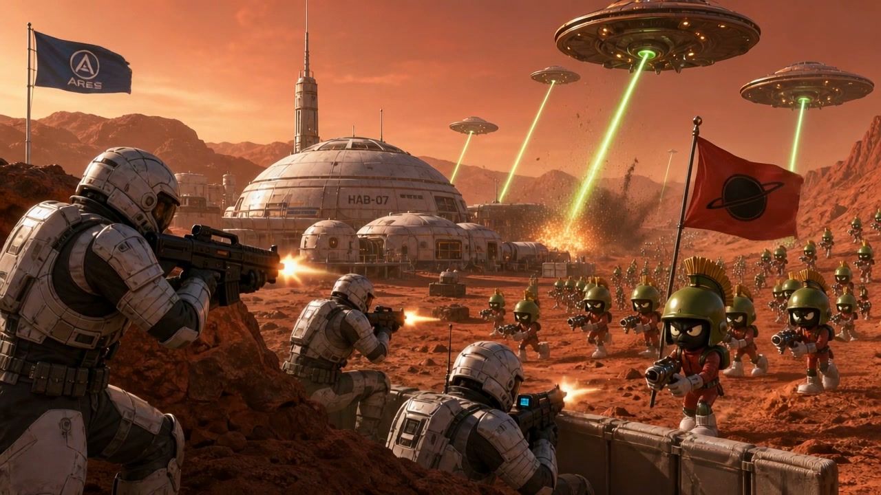 Human space marines battle Marvin the Martian-style alien invaders in a laser war at a Mars colon...
