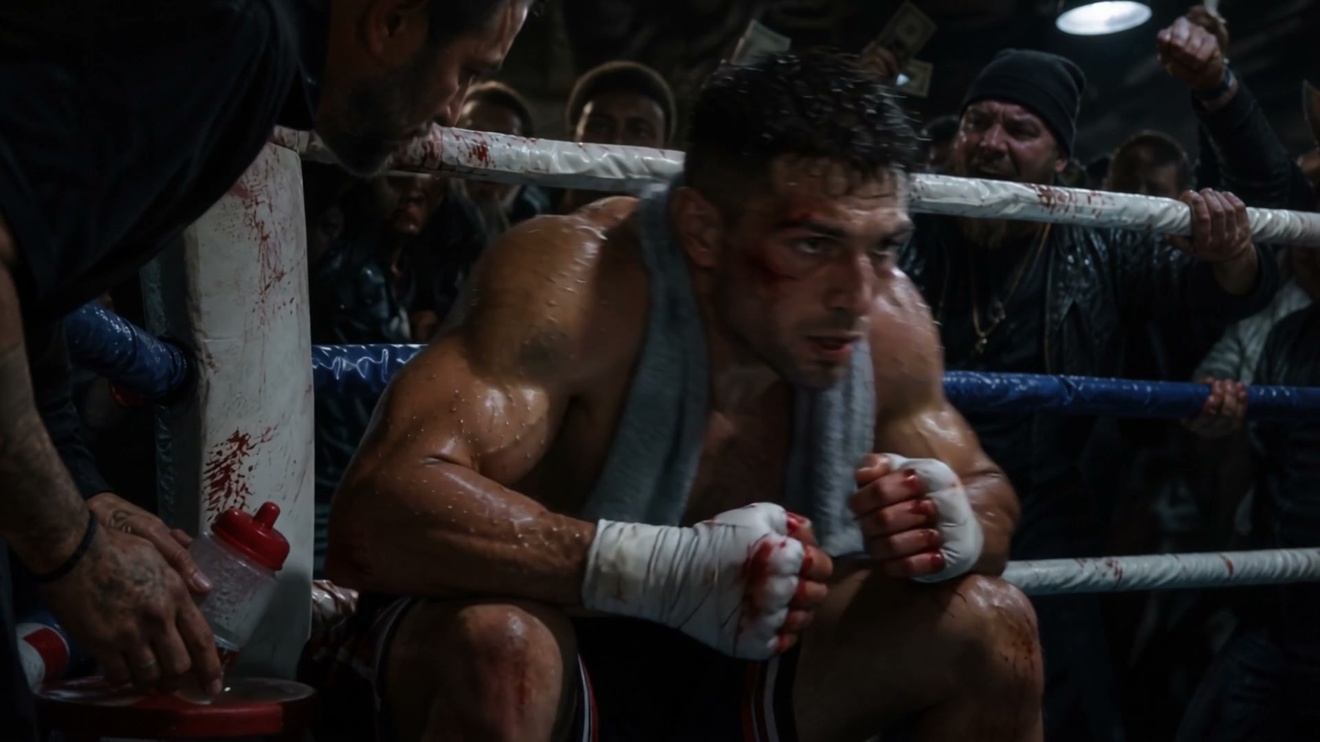 Injured underground bare-knuckle fighter rests in a blood-stained ring corner, his cornerman tend...