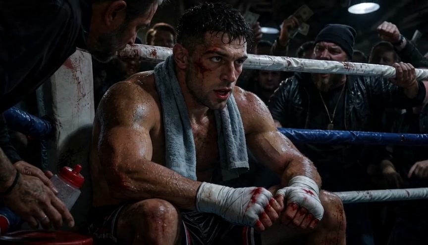 Bloodied, sweat-soaked boxer sits in a stained underground fight