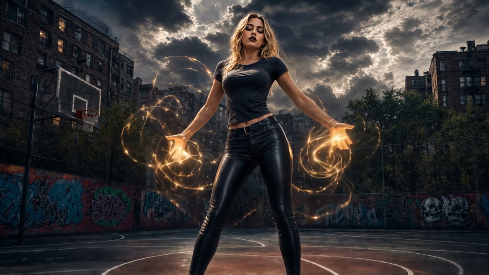 Woman summoning glowing golden magical energy stands on a graffiti-covered urban basketball court...