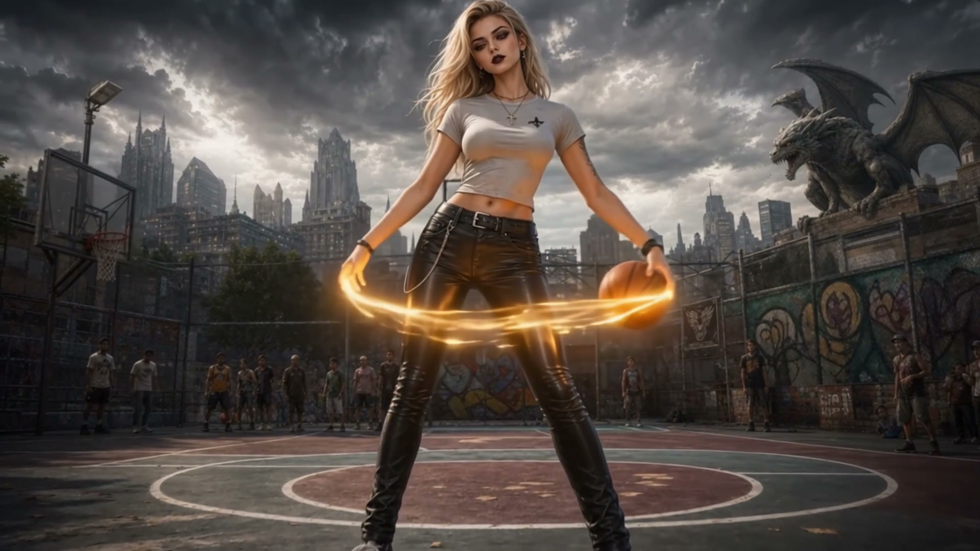 Tall blonde fantasy woman channels glowing golden energy around a basketball on a graffiti-covere...