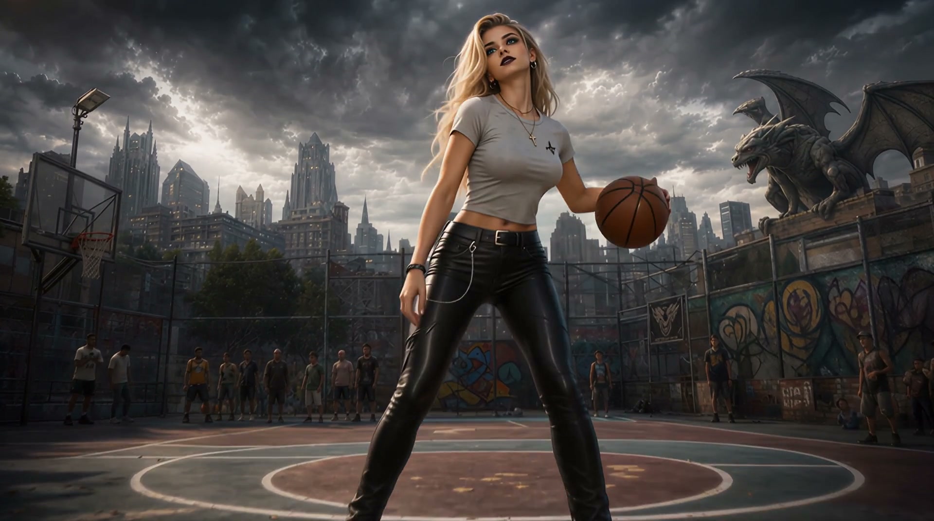 Blonde woman holding a basketball stands center of an outdoor street basketball court, with a got...
