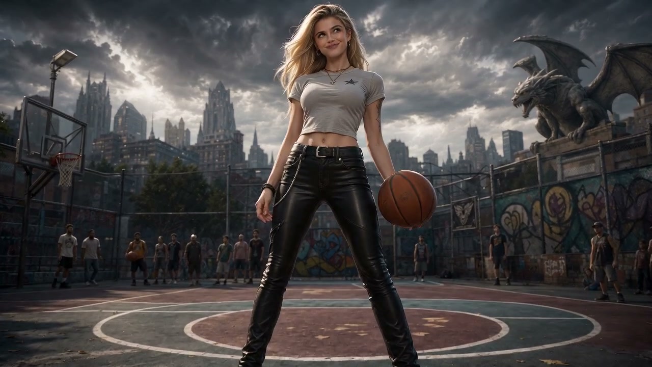 Confident blonde woman holds a basketball while standing on an outdoor streetball court under a d...
