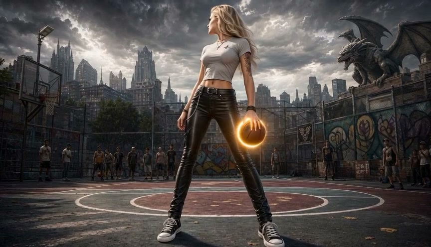 Confident blonde woman holds glowing basketball at center of graffiti-covered urban street basket...