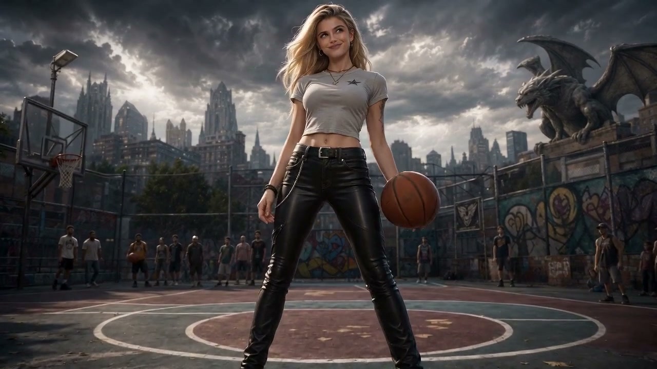 Blonde woman holding a basketball stands center of an outdoor street basketball court with a goth...