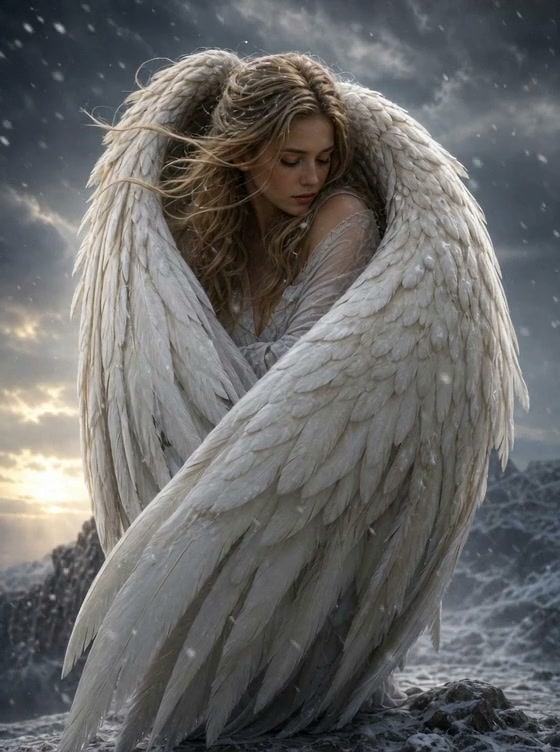 Pensive blonde angel with large white feathered wings huddles against falling snow on a rocky mou...