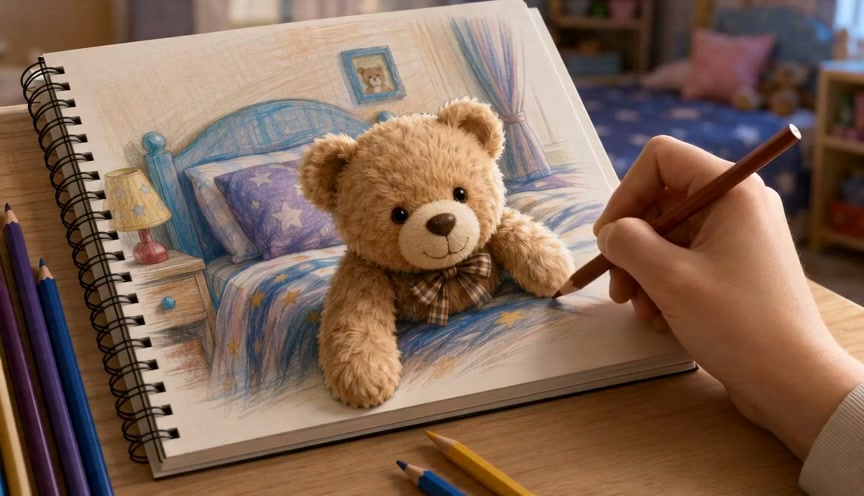 Hand drawing in a sketchbook as a fluffy teddy bear appears to emerge from a colored pencil bedro...
