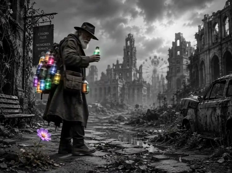 Elderly post-apocalyptic merchant examines a glowing bottle, with only colorful objects standing ...