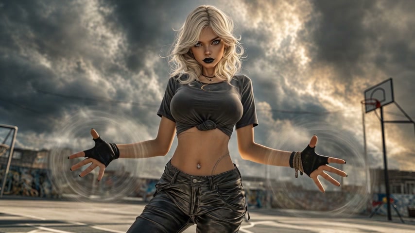 Platinum blonde goth woman conjures swirling telekinetic energy on an outdoor urban basketball co...