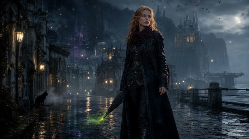 Red-haired fantasy heroine stands on wet misty cobblestone street holding glowing green magic umb...