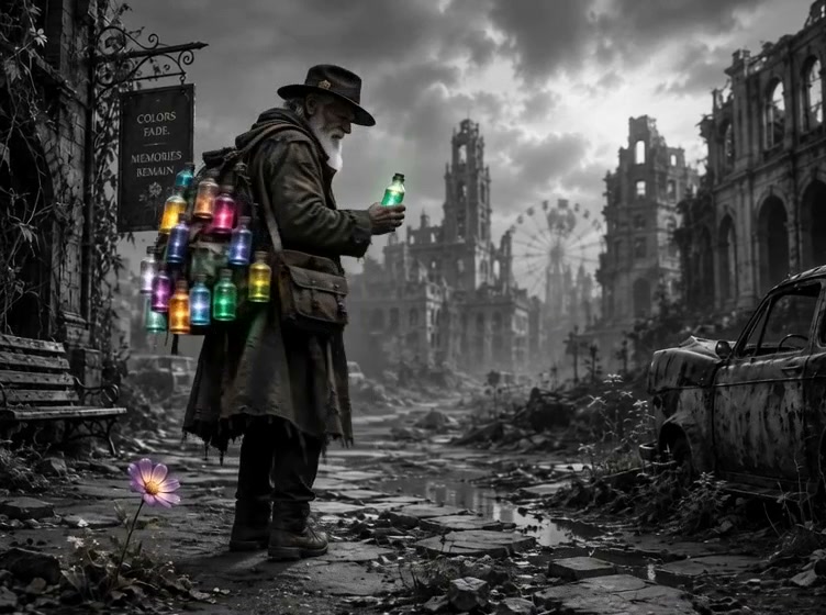 Elderly wandering peddler holds a glowing green vial, with rainbow glass bottles on his backpack,...