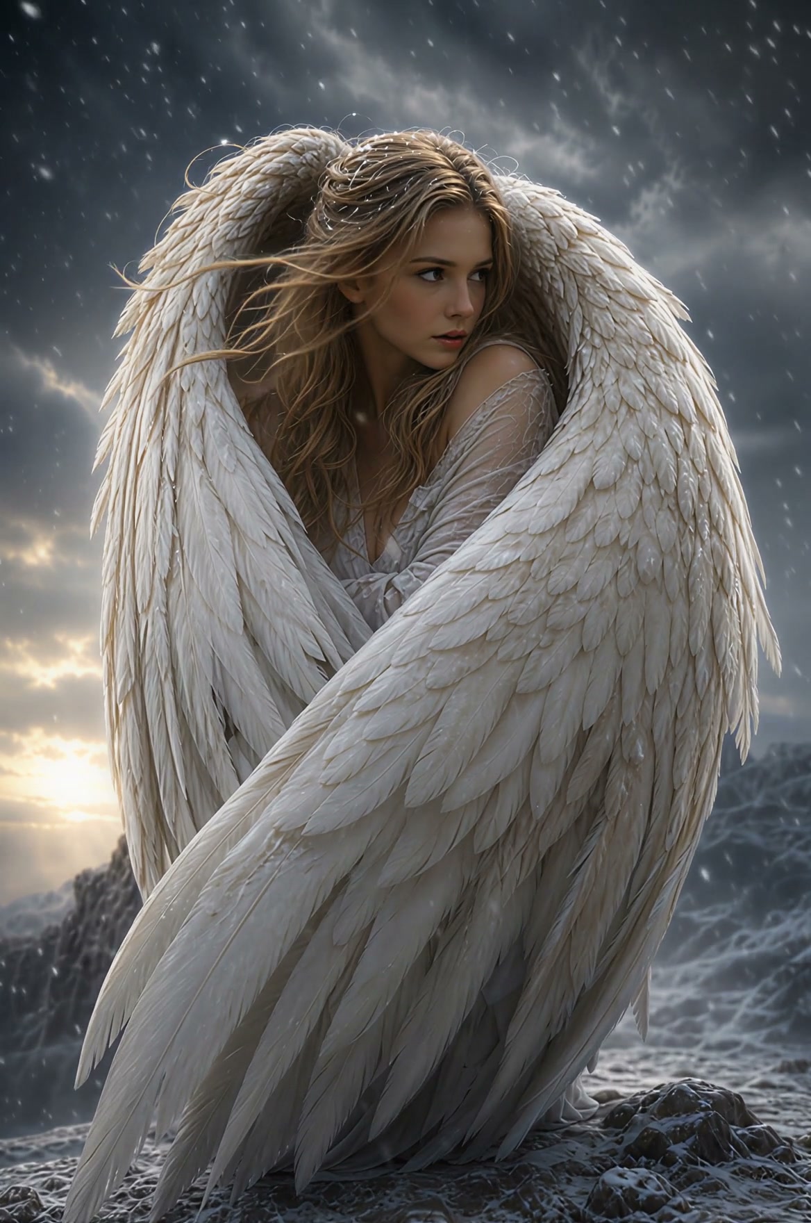 Ethereal blonde angel wrapped in large white feathered wings stands on a snowy rocky peak as snow...