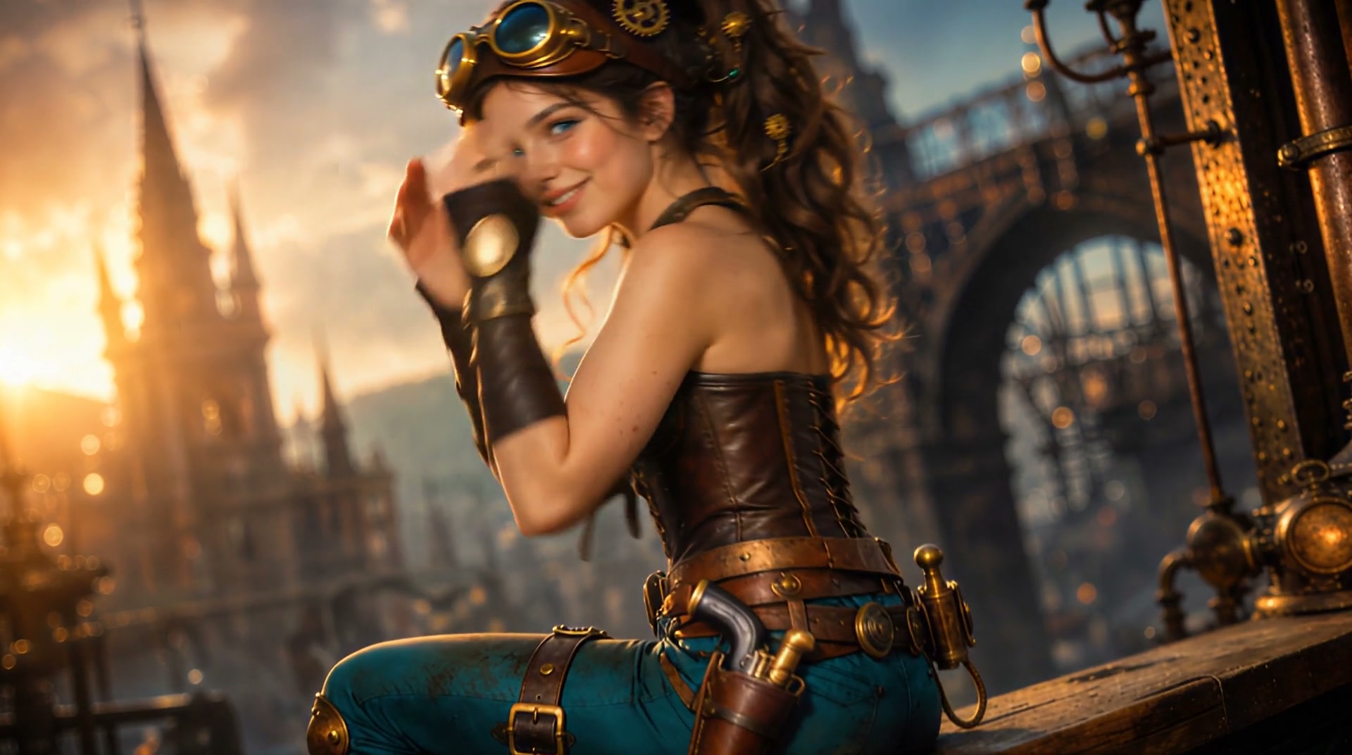 Smiling young steampunk woman with brass goggles overlooks a fantasy industrial city at golden su...