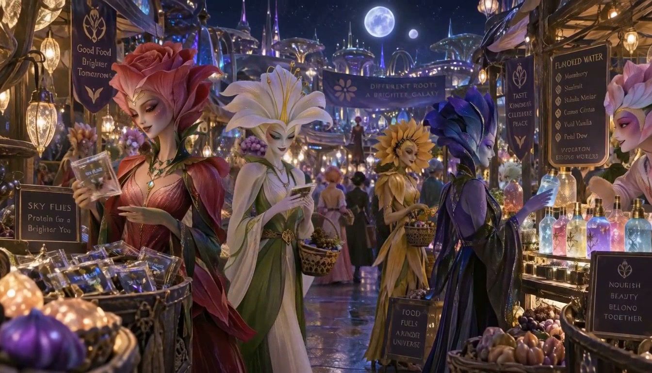 Floral-headed fantasy beings browse and sell goods at a glowing otherworldly night market under t...