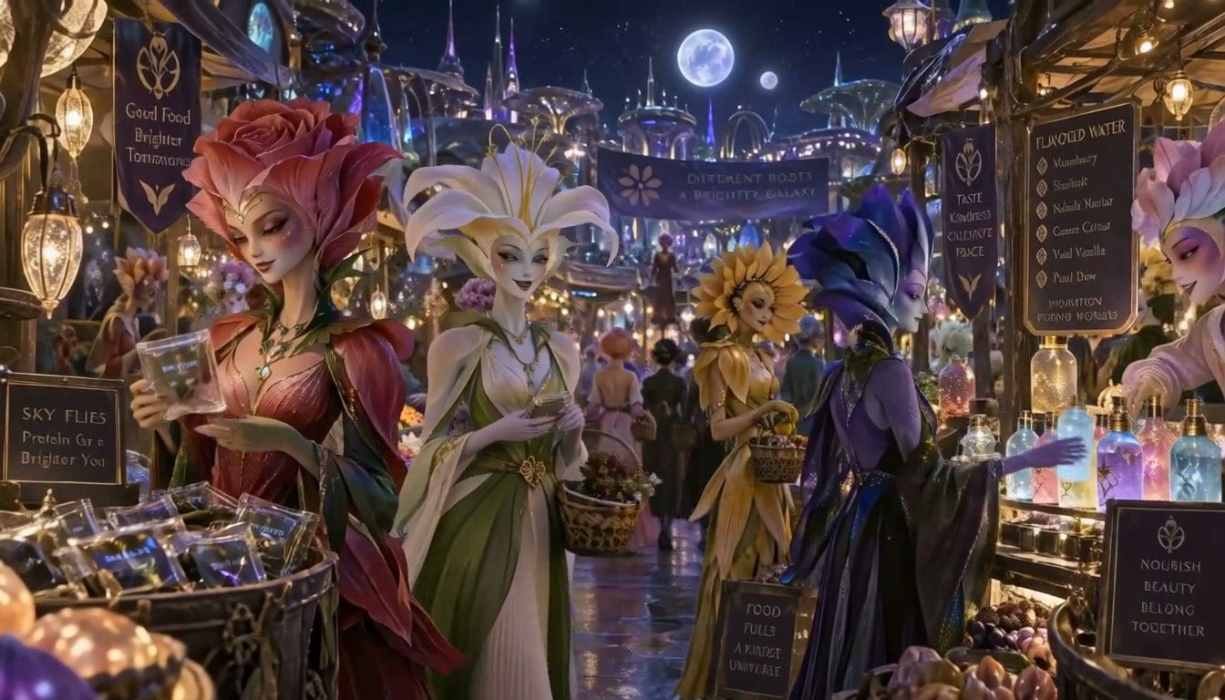 Flower-headed humanoid vendors sell and browse goods at a glowing fantasy night market under twin...