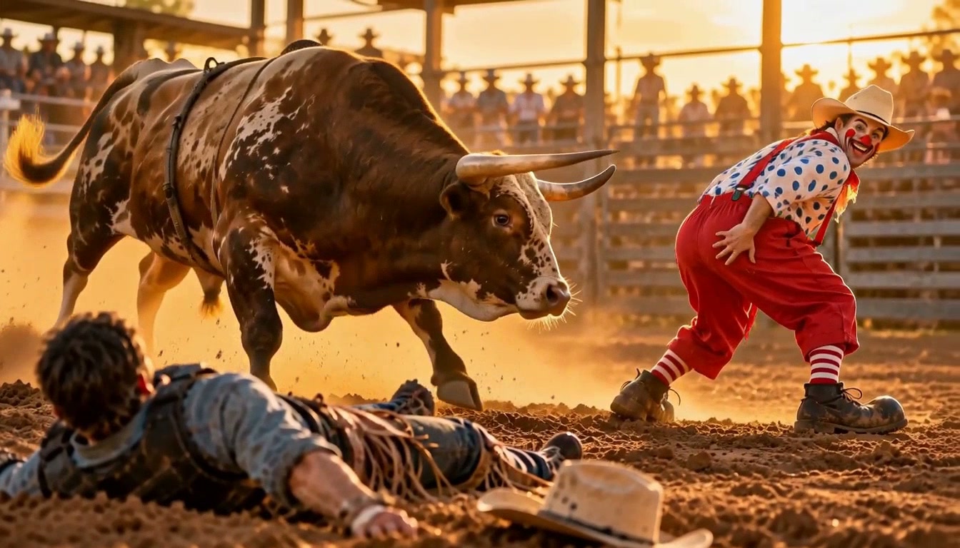 Rodeo clown diverts a charging longhorn bull away from a fallen cowboy in a dirt rodeo arena at g...